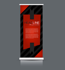 Roll up banner design. Vertical narrow flyer template. Advertising panel layout. Black and red vector illustration.
