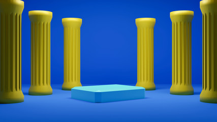 trendy showcase with blue podium and yellow classic columns. 3d illustration