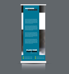 Roll up banner design. Vertical narrow flyer template. Advertising panel layout. Blue vector illustration.