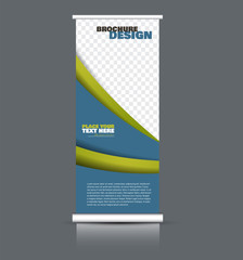Obraz premium Roll up banner design. Vertical narrow flyer template. Advertising panel layout. Green and blue vector illustration.