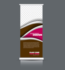 Fototapeta premium Roll up banner design. Vertical narrow flyer template. Advertising panel layout. Pink and brown vector illustration.