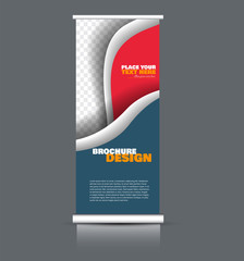 Roll up banner design. Vertical narrow flyer template. Advertising panel layout. Blue, red, and orange vector illustration.