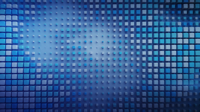 Blue cubes are pulsating on a plane 3D rendering