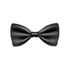 Sparkling black bow tie from satin material. Funeral procession accessory isolated on white background. Realistic formal wear for official event. Elegant clothes object from silk vector illustration.