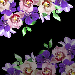 Fototapeta na wymiar Beautiful floral background of clematis and orchids. Isolated