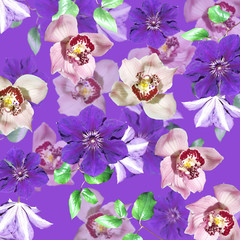 Beautiful floral background of clematis and orchids. Isolated