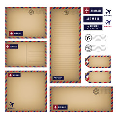 Vintage airmail stationery set vector paper, letter, envelope, postcard, tag 