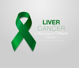 Liver Cancer Awareness Calligraphy Poster Design. Realistic Emerald Green Ribbon. October is Cancer Awareness Month. Vector