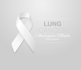 Lung Cancer Awareness Calligraphy Poster Design. Realistic White Ribbon. November is Cancer Awareness Month. Vector Illustration