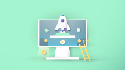 Vector illustration with start up concept in paper cut, craft and origami style. Rocket is flying. Template design for web banner, poster, cover, advertisement. It's art craft for kids.