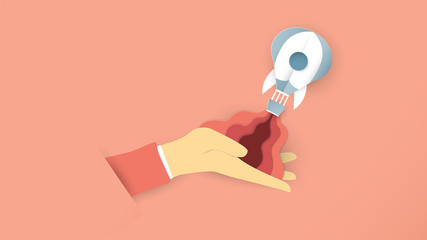 Vector illustration with start up concept in paper cut, craft and origami style. Rocket is flying. Template design for web banner, poster, cover, advertisement. It's art craft for kids.