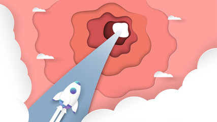 Vector illustration with start up concept in paper cut, craft and origami style. Rocket is flying. Template design for web banner, poster, cover, advertisement. It's art craft for kids.