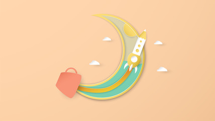 Vector illustration with start up concept in paper cut, craft and origami style. Rocket is flying. Template design for web banner, poster, cover, advertisement. It's art craft for kids.