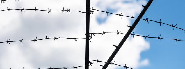 Barbed wire on country border. Barbwire on fence for prohibition of illegal aliens crossing.