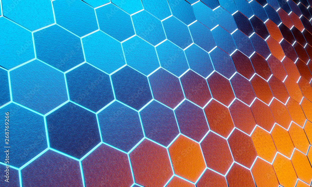 Aufkleber Glowing black blue and orange hexagons background pattern on silver metal surface 3D rendering