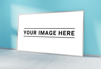 Large horizontal frame leaning on a blue wall 3D rendering