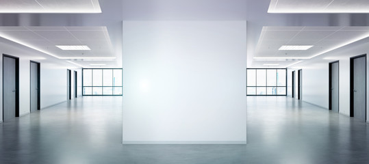 Blank squared wall in office mockup with large windows and sun passing through 3D rendering