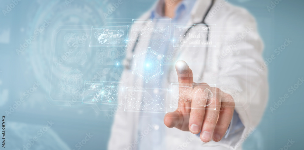Poster scientist using digital technological interface with datas 3d rendering
