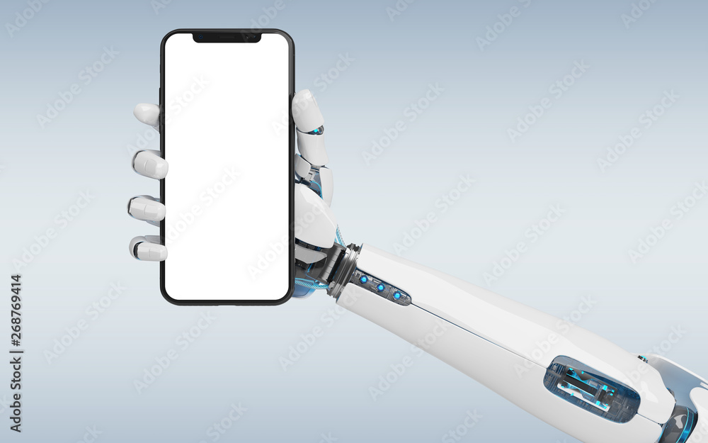 Poster white robot hand holding smartphone mockup 3d rendering