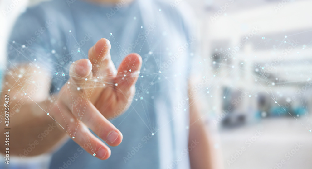 Aufkleber Businessman using floating digital network connections with dots and lines 3D rendering