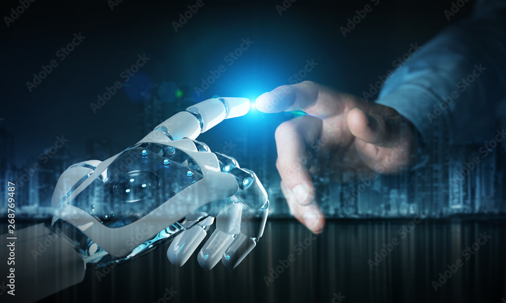 Poster robot hand making contact with human hand on dark background 3d rendering