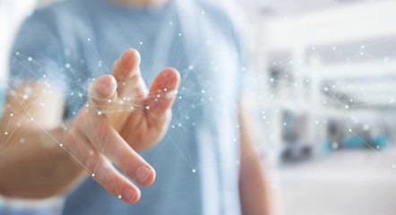 Businessman using floating digital network connections with dots and lines 3D rendering