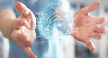 Businessman using digital artificial intelligence head interface 3D rendering