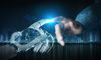 Robot hand making contact with human hand on dark background 3D rendering