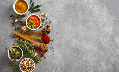 Herb and spices, rice and various beans. Top view with copy space on wite backgraund © kucherav