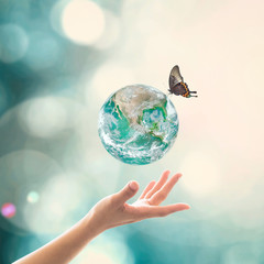 World environment day, ecology and ozone layer protection concept with woman's hand supporting earth planet under sun light flare with beautiful butterfly: Elements of this image furnished by NASA .. - obrazy, fototapety, plakaty