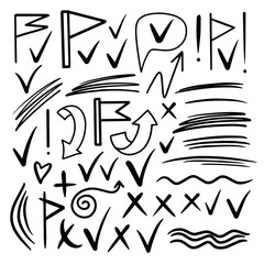 Hand drawn marker marker signs, arrows, check mark, speech bubble, lines, stripes, flags