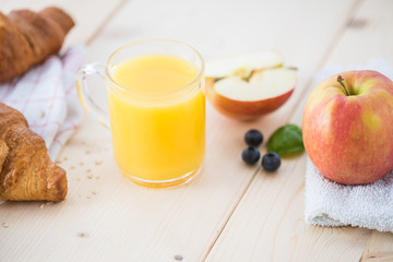 Morning breakfast with tasty fresh orange juice
