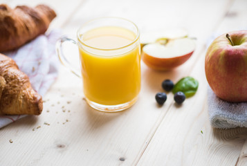 Morning breakfast with tasty fresh orange juice