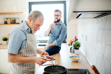 Fototapeta na wymiar An adult hipster son and senior father indoors in kitchen at home, cooking.