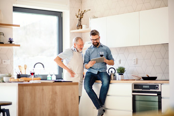 Adult hipster son and senior father indoors in kitchen at home, using tablet.