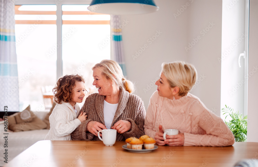 Wall mural a portrait of small girl with mother and grandmother at the table at home.