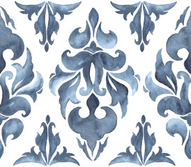 Damask style indigo blue seamless watercolor pattern with repeat floral motifs on white background - 268770630