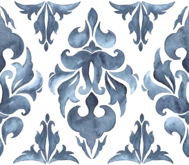 Foto auf Acrylglas Blau weiß Indigoblaues nahtloses Aquarellmuster im Damaststil mit sich wiederholenden Blumenmotiven auf weißem Hintergrund