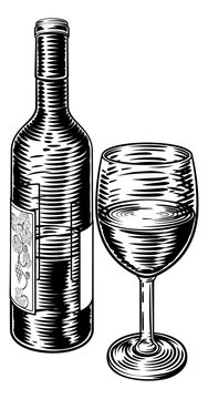 A Wine Bottle And Glass Vintage Etching Or Engraving Retro Style Woodcut Illustration