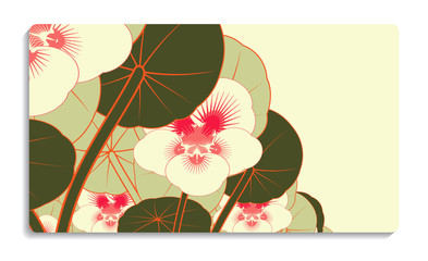 card background with jungle flowers in green red shades