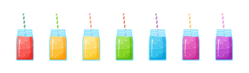 Vegeterian smoothie shake cocktail collection vector illustration. Set of glass jar with layers of sweet vitamin juice cocktail or protein shake for smoothies fitness bar design