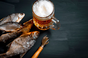 Beer and dried fish. Russian snack . Top view.
