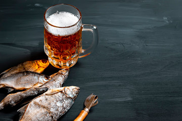 Beer and dried fish. Russian snack . Top view.