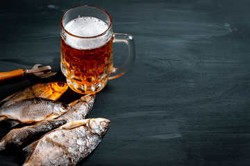 Beer and dried fish. Russian snack . Top view.