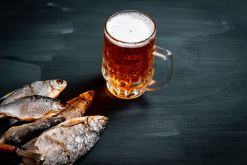 Beer and dried fish. Russian snack . Top view.