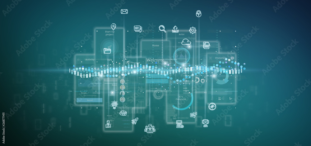 Poster user interface screens with icon, stats and data 3d rendering