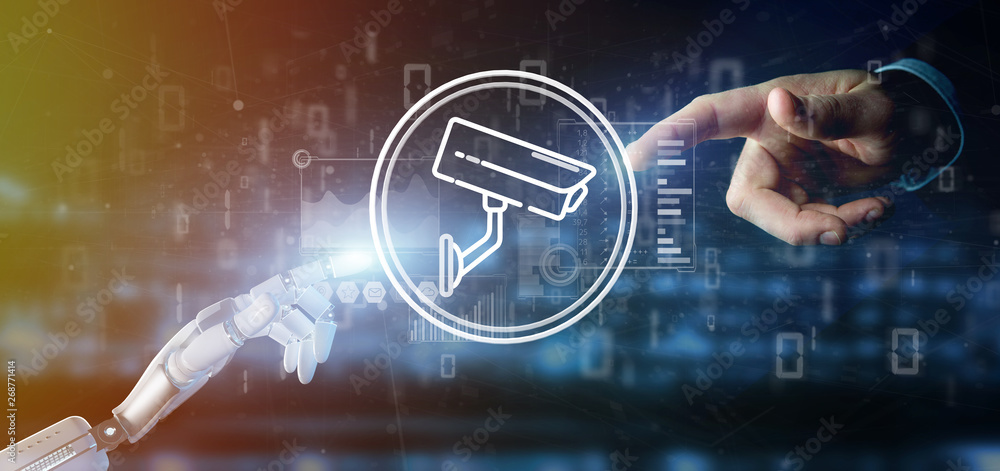 Poster cyborg holding security camera system icon and statistics data - 3d rendering