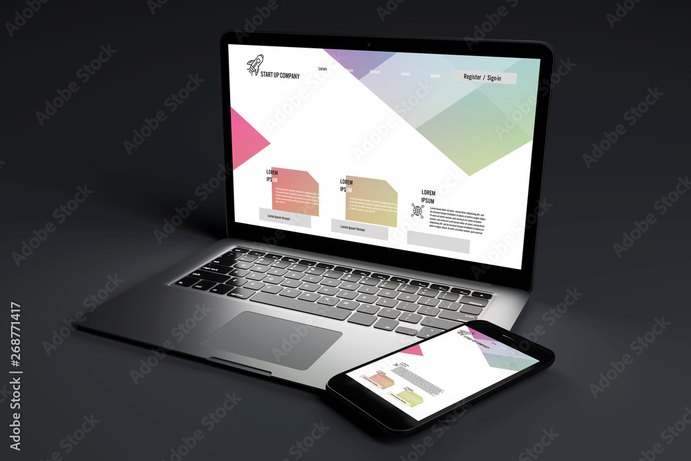Poster mock up of devices on a dark background - 3d rendering