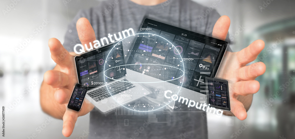 Poster businessman holding quantum computing concept with qubit and devices 3d rendering