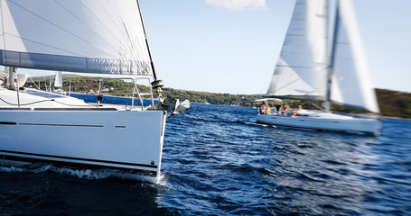 Naklejka premium Sailing yachts with white sails in the sea
